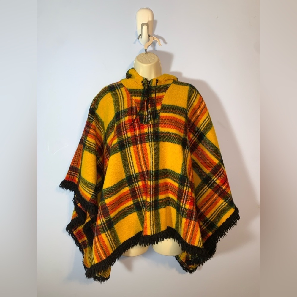Vintage Yellow red black Plaid Hooded wool fringe blanket Poncho medium